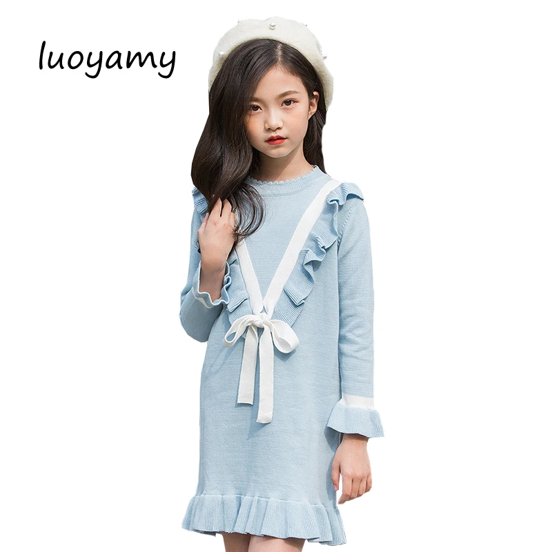

luoyamy Ruffles Knit Kids Dresses Girls Sweaters 2018 Autumn Winter Cotton Princess Sweater Dress for Girls School Kids Clothing