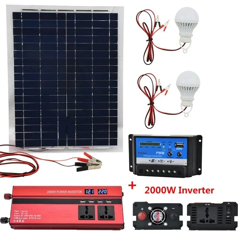 

20W 12V Polysilicon Silicon Solar Panel Solar 2000W Inverter 12V/24V To 220V/110V+PWM 10A Charge Controller Battery Charger Kit