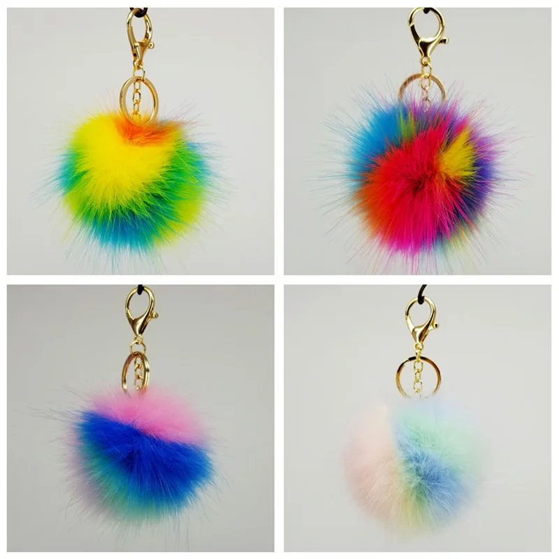

Rainbow Fluffy Ball Keychain Pom Poms 8cm Ball Keyring Decorative Pendants for Women Bags Car Key Accessories Wedding Party Gift