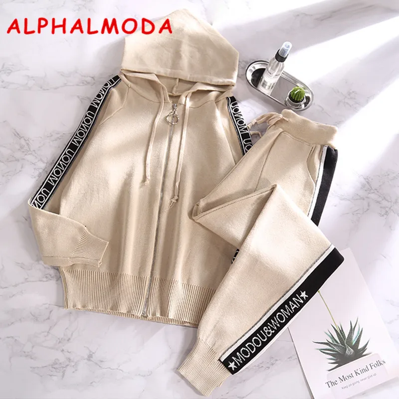 ALPHALMODA женский трикотажный спортивный костюм с длинным рукавом Bf стиль с капюшоном длинный кардиган с рукавами+ брюки женская спортивная одежда