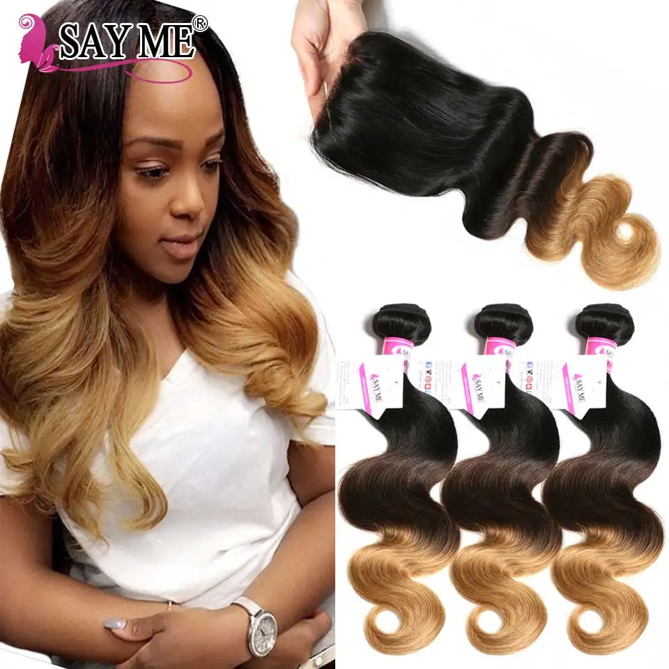 

Peruvian Hair Bundles With Closure Body Wave 3 Bundle Ombre Human Hair Bundles With Closure SAY ME Remy Hair Weave 1B/4/27 30