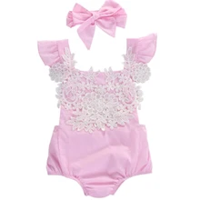 2 шт.; очень милый розовый комбинезон для маленьких девочек; комбинезоны для новорожденных девочек; комбинезон; кружевная одежда с цветочным рисунком; повязка на голову; пляжный костюм