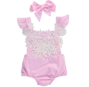 

2PCS Super Cute Pink Romper for baby girls Newborn Baby Girl Rompers Jumpsuit Lace Floral Clothes Headband Outfits Sunsuit
