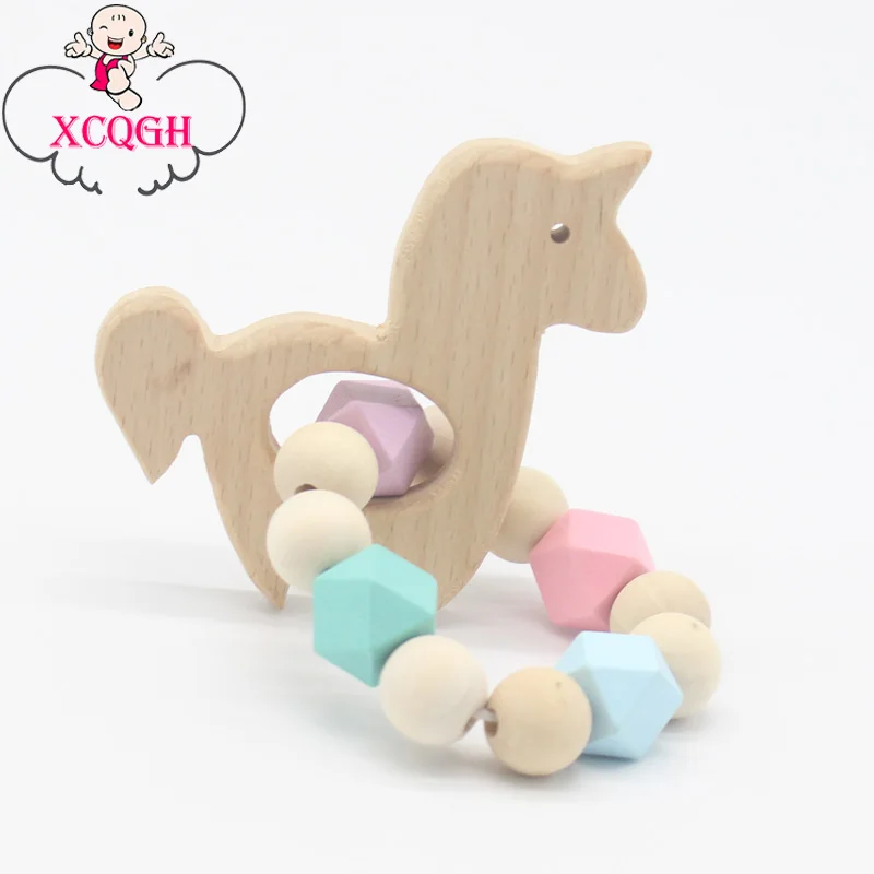 

XCQGH Wooden Teether Ring Baby Bracelet Animal Shaped Jewelry Teething For Baby Wood Beads Baby Rattle Stroller Accessories