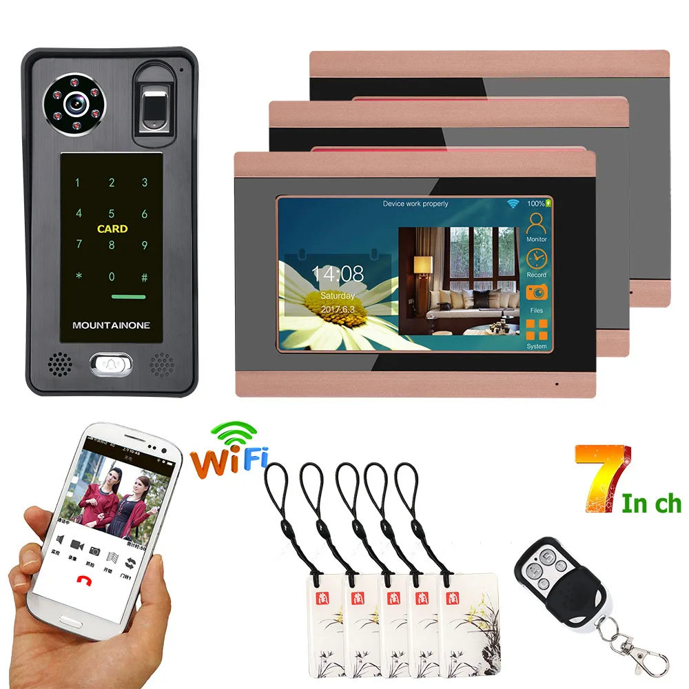 

7inch Wired Wifi Fingerprint IC Card Video Door Phone Doorbell Intercom System with Door Access Control SystemSupport Remote APP