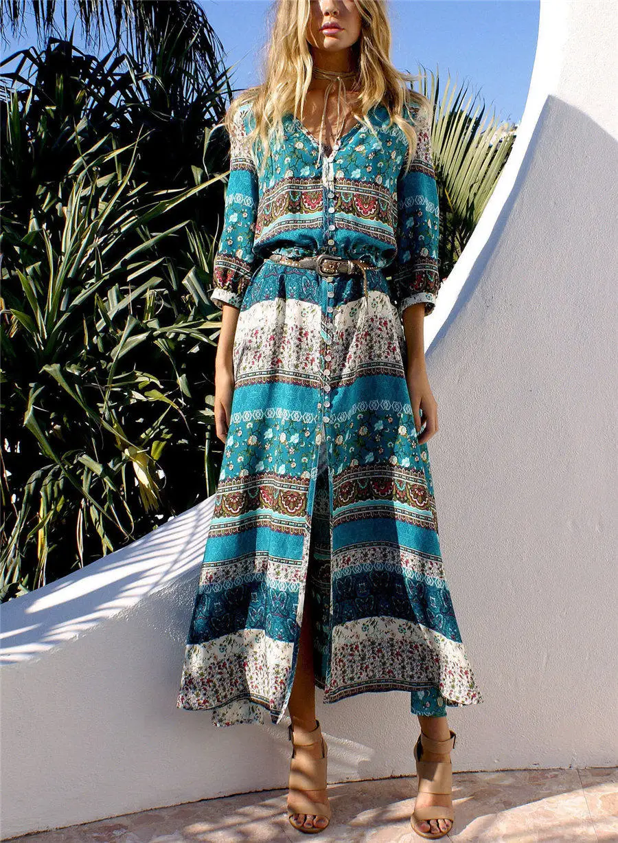 Gladiolus Boho Long Summer Dress Women Half Sleeve V Neck Button Print Floral Women Beach Dress 2019 Ladies Sexy Maxi Dresses (52)