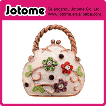 

White Enamel Flower Handbag Pin Brooch 1.125 x 1.375 inches
