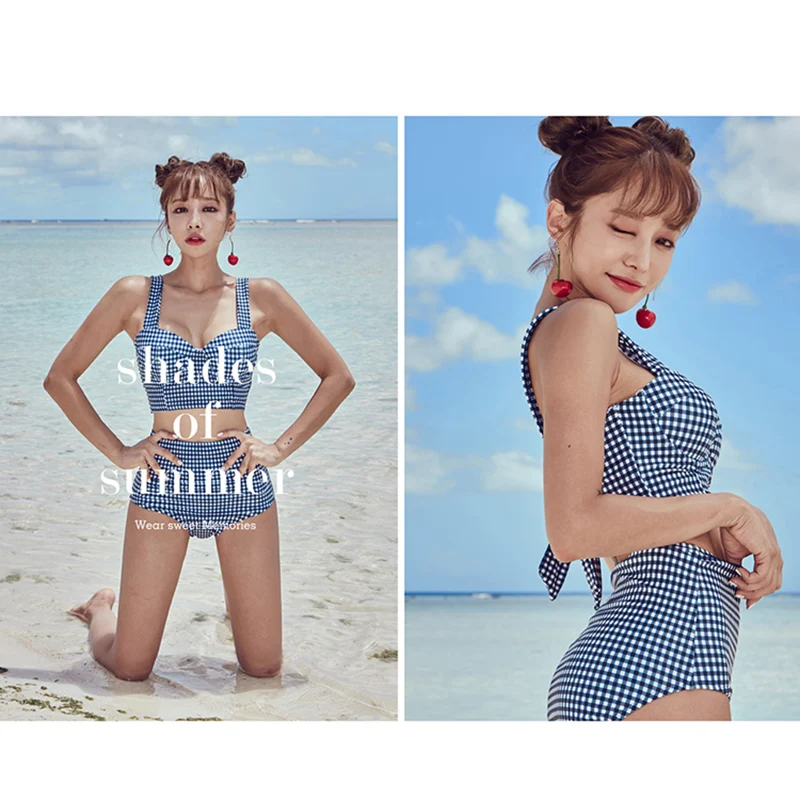 

Ladies Split Swimwear Set Grid Printed Bikini High Waist Briefs Swimsuits for Beach DX88