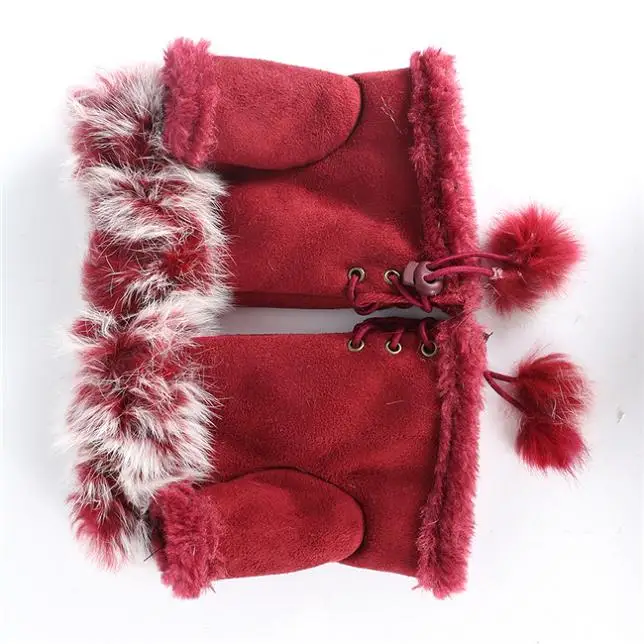 Модные женские перчатки с искусственным кроличьим мехом, теплые зимние перчатки, 13 цветов - Цвет: Wine Red