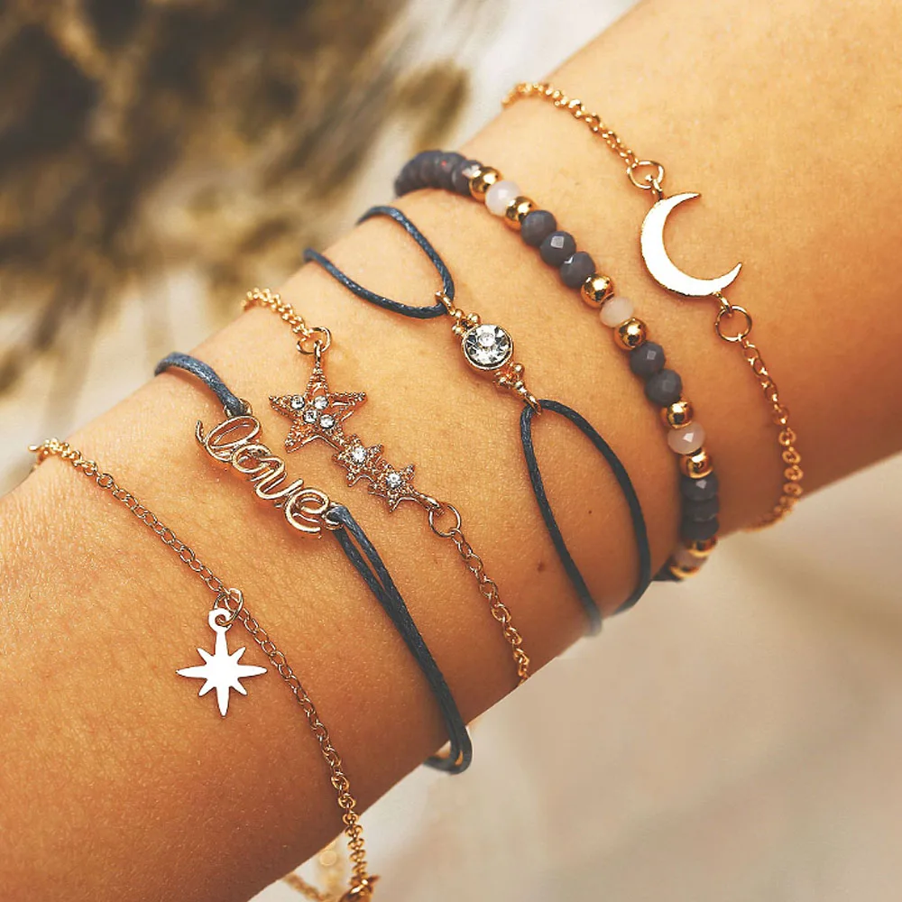 

6pcs women's bracelet LOVE Star Moon Beaded Bracelet set Fashion wild Jewelry Charm Women Party accessories Gift