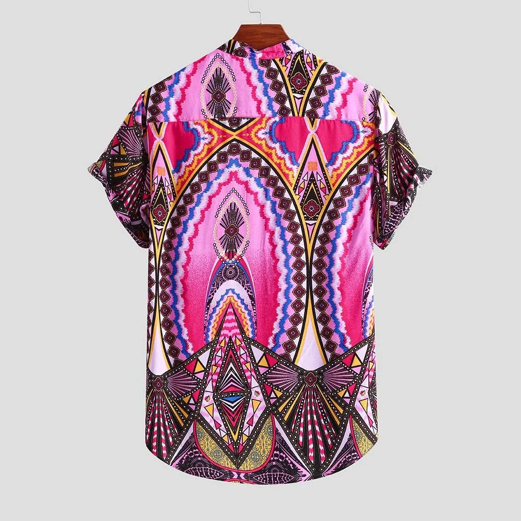 New Stylish Hauts pour hommes Mens Pure Cotton Colorful Printing Loose Stand Collar Pullover Short Sleeve Shirt Ropa de hombre