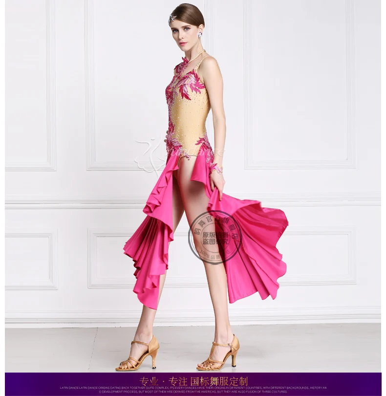 

customize custom back cutout hign vent split pink stone Rumba cha cha salsa tango Latin dance competition dress