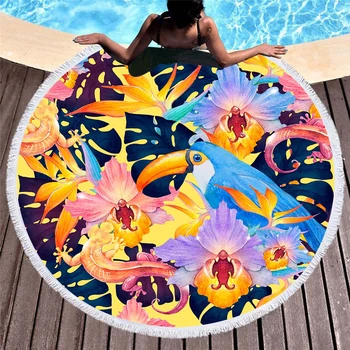 

Printed Large Leaves Flower Flamingo Beach Towel Round Microfiber Beach Towels Roundie Adults Serviette De Plage Toalla Playa