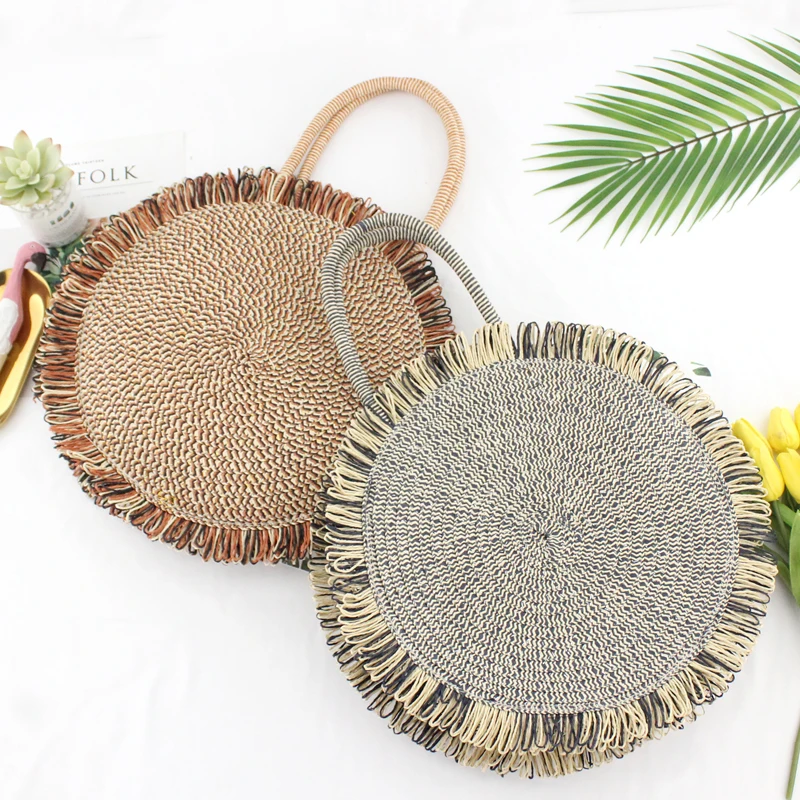 

2019 INS new desgin Round fringed straw bag portable two-color paper rope beach bag ladies casual Casual woven bag handbag
