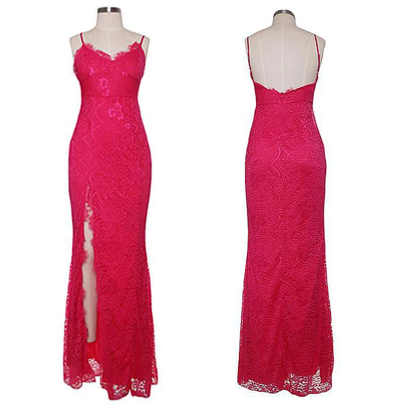 ADEWEL 2017 Elegant Spaghetti Strap Split Long Party Dress Women Vintage Open Back Formal Dresses Sexy Lace Dress (4)