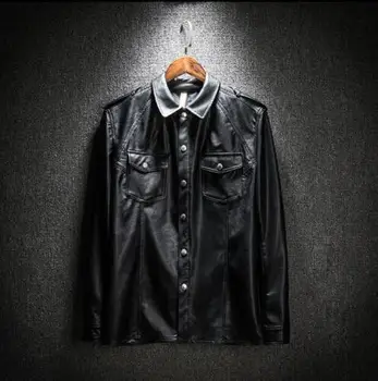 ¡M-XXL! 2020 nueva ropa de hombre de alta calidad de la PU moda Multi bolsillo locomotora de cuero camisa slim cantante disfraces
