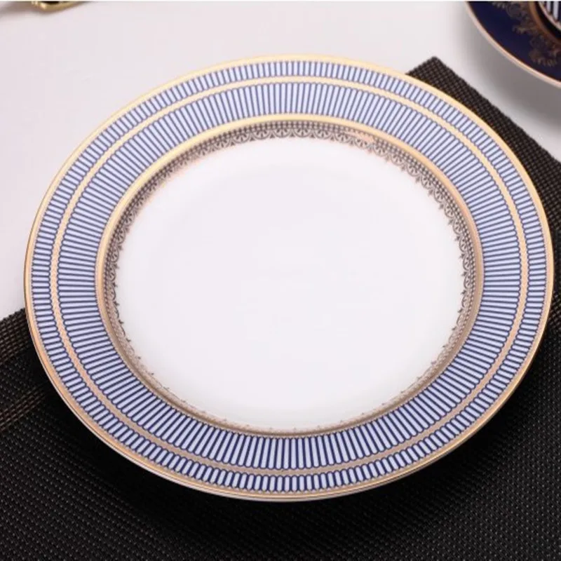 Elegant Blue Bone China Steak Plate, Ceramic Dinner Dish, Coffee Cup Saucer, Family Dinnerware, Home Decoration