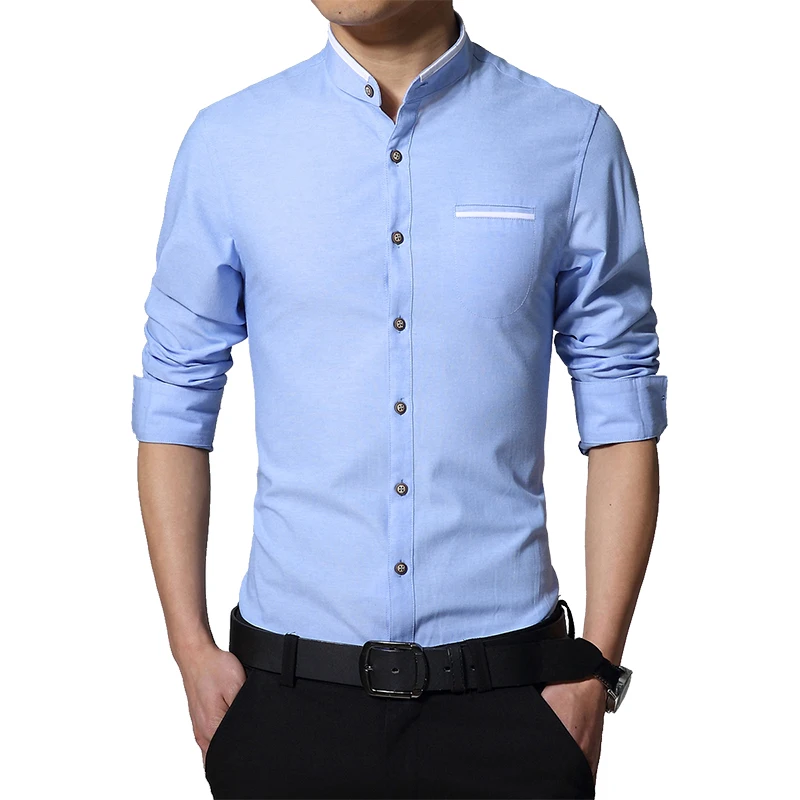 Kopen MIACAWOR Effen Kleuren Shirt Mannen Lente Lange Mouw Camisa Masculina Stand Kraag Casual Shirts Slim Fit Chemise Homme MC278