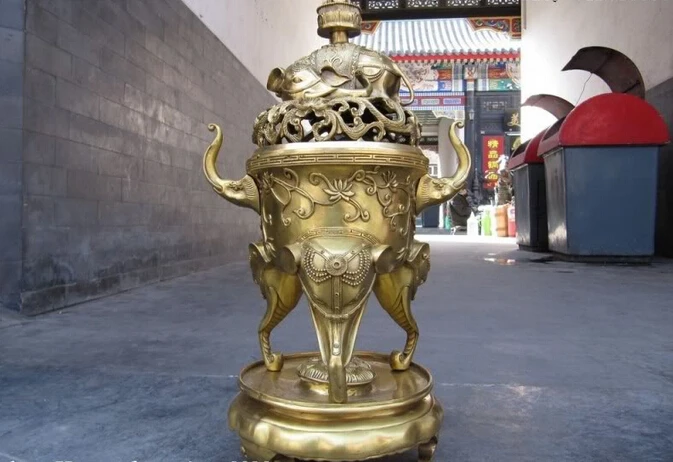 

Collectible bronze lion statue S0673 Tibet Buddhism Pure Brass Elephant Zun Lion incense burner Censer B0403