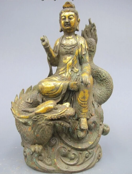 

004894 17"Tibet Buddhism Temple Old Bronze Gild Kwan-Yin Ride dragon Buddha Statue