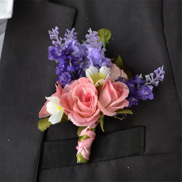 Artificial Fake Silk Rose Flower Simulate Lavender Groom Best Man Artificial Fake Silk Rose Flower Simulate Lavender Groom Best Man Boutonniere Wrist Corsage Wedding Flowers Party