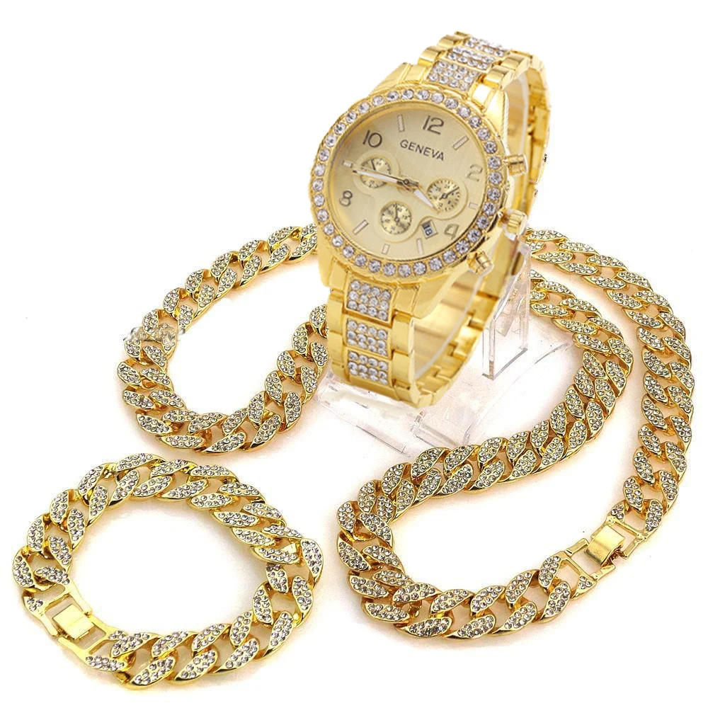 Iced Out часы 1" кубинские звенья цепи ожерелье& 8,5" браслет комплект