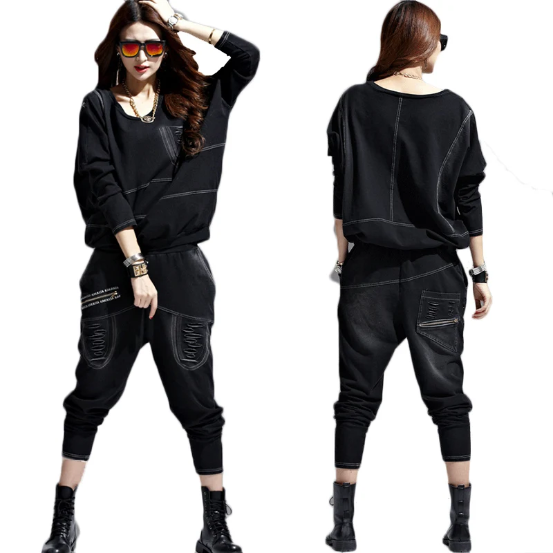 

New Spring Denim Sportswear Suit Women Stitching 2 Piece Sporting Sets 2019 Fashion Casual Women Clothes Suit Tops+Long Pants