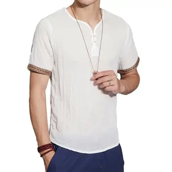 

2019 Solid Color Chinese Style Men Summer Cotton Linen Short Sleeve Loose Shirt Top