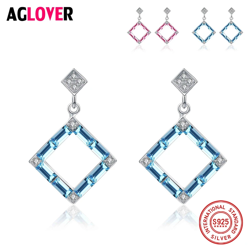 

AGLOVER Female Blue Fire Opal Stud Earring With Crystal AAA Zircon 925 Sterling Silver Jewelry Double Earrings For Women