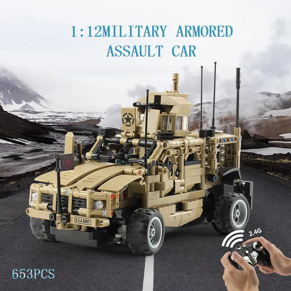 653 шт./компл. 1:12 2,4G RC строительные блоки, кирпич бронированный штурмовой военный автомобиль USB зарядка внедорожных автомобилей 360 градусов Поворот детская Автомобильная игрушка