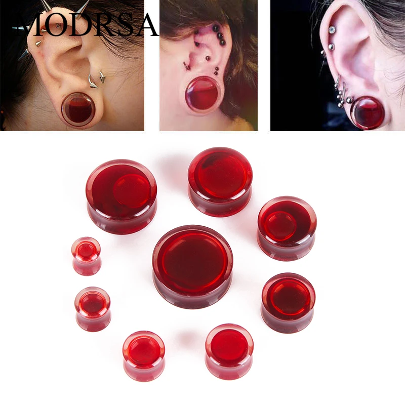 MOSRSA 1Pair Red Liquid Blood Ear Plugs Acrylic Round 9 Size Ear