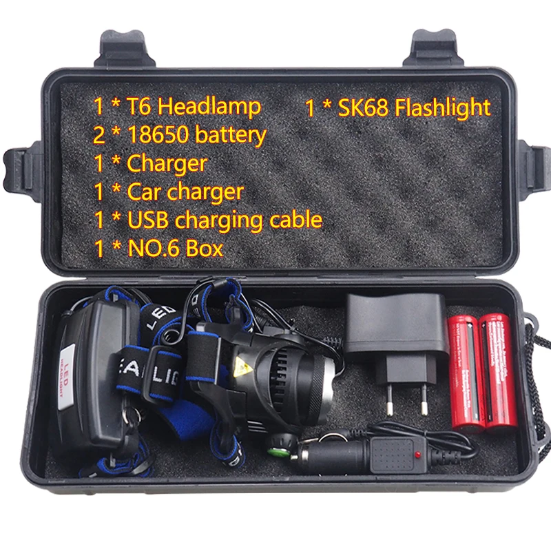 

HOT Headlight T6 LED Headlamp 90 Degrees Adjustable Light Zoomable 18650 battery charger flashlight box 3800LM Outdoor z50