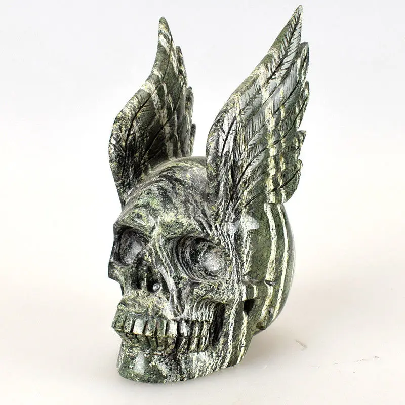 

5.3 " Unique Angel Skull Crystal Healing Realistic Skull Statue Natural Green Zebra Jasper Carved Figurine Antique Home Decor