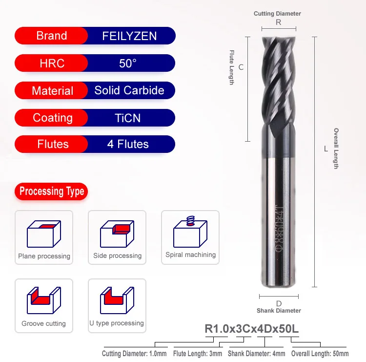 FEILYZEN HRC50 твердосплавное покрытие TiCN плоская Концевая фреза 4 флейты Вольфрамовая сталь фрезерный станок с ЧПУ фрезы