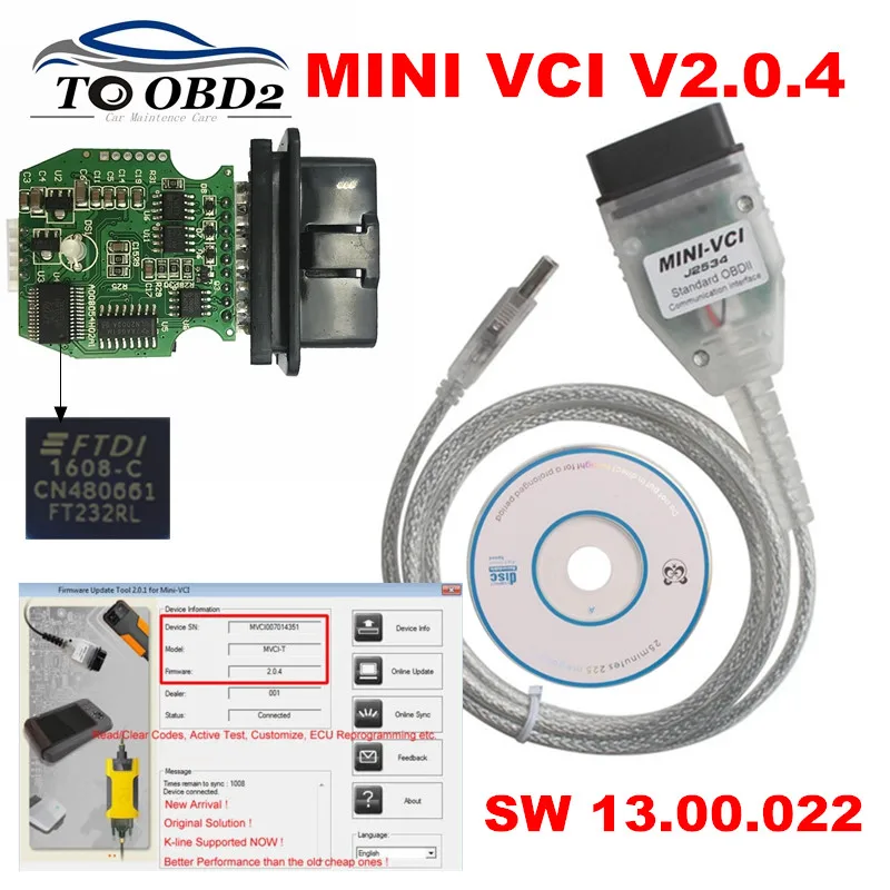 

MINI VCI V2.0.4 SW V13.00.022 For Toyota TIS Techstream Code Reader FTDI FT232RL j2534 MINI-VCI support Windows XP/Vista/7 32bit