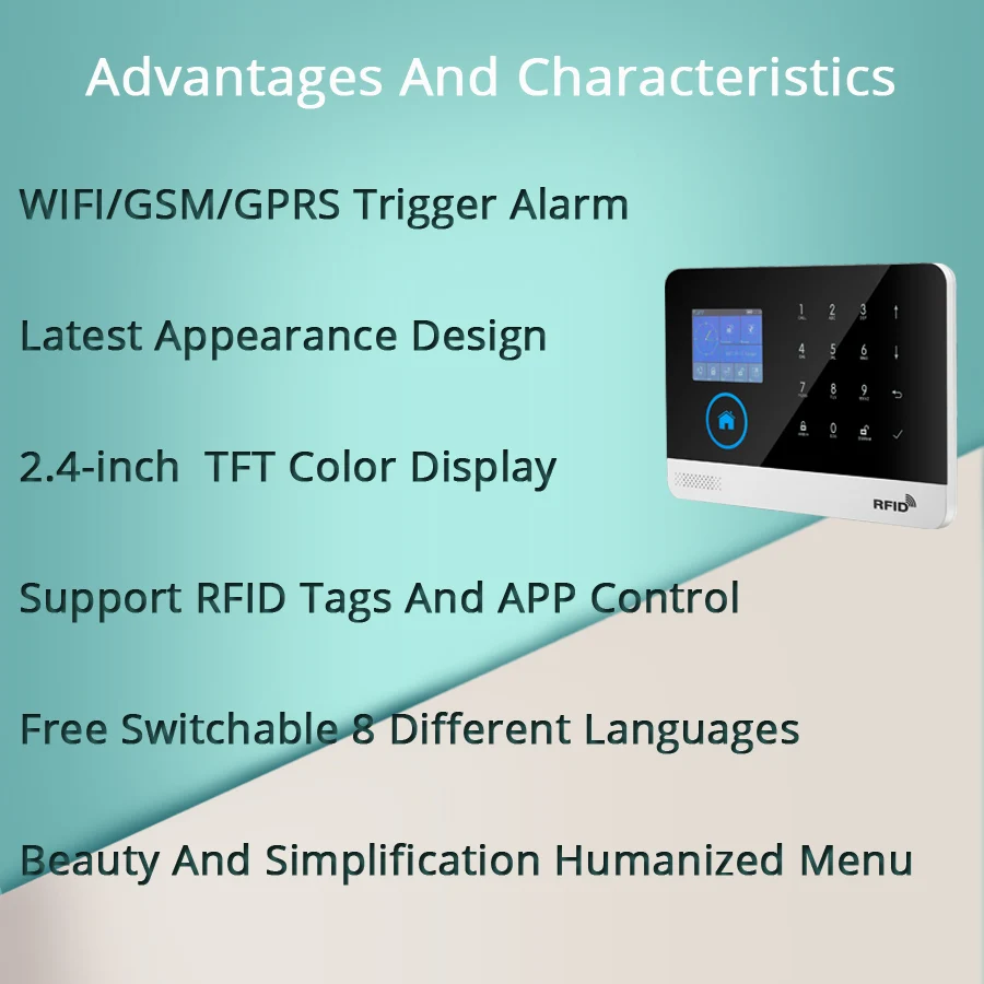 Inalámbrico SIM GSM hogar RFID antirrobo de seguridad LCD táctil teclado WIFI GSM sistema de alarma kit de Sensor inglés, ruso, español voz