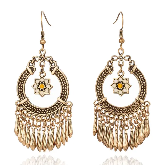 Vintage Ethnic Tassel Hanging Dangle Drop Earrings for Women Female Anniversary Party Wedding Jewelry Ornaments Accessories Golden