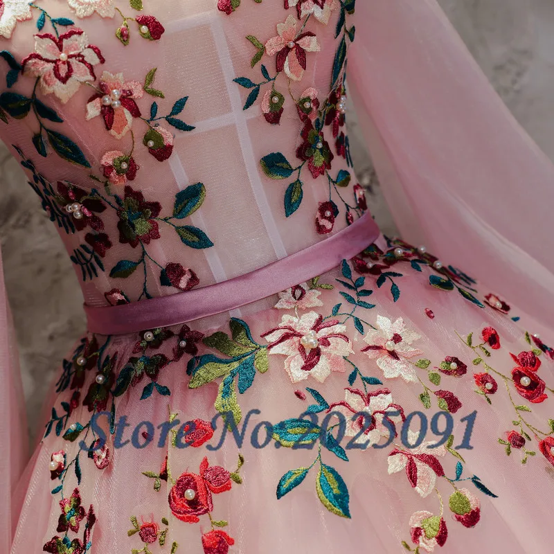 Blus розовый высокое средства ухода за кожей Шеи Бальные платья 2019 с длинным рукавом вышивка маскарад бальное платье сладкий 16 Vestidos De 15 Anos