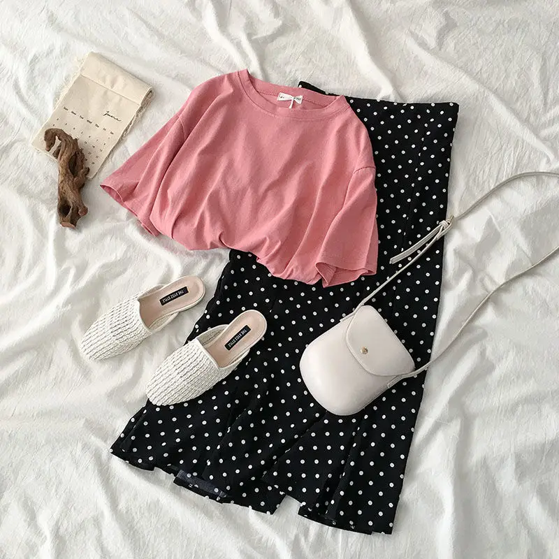 

Women sets] suit Summer 2019 new women's Korean version of the wave point wide leg pants + fashion t-shirt skirt