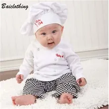 Está quente!! Bonito do bebê infantil da criança chef algodão traje 3 peça roupas chapéu + branco superior calças xadrez para meninos meninas ternos
