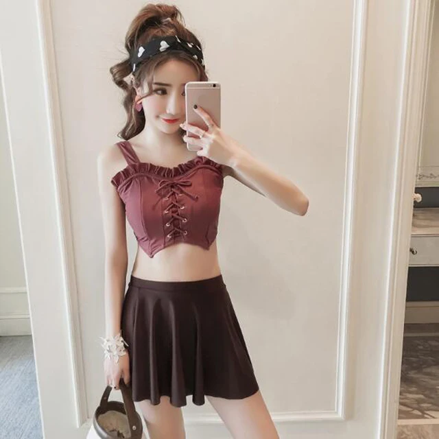 Buy Summer Japanese Style Women Kawaii 3 Piece Bikinis Set Solid Color Quick