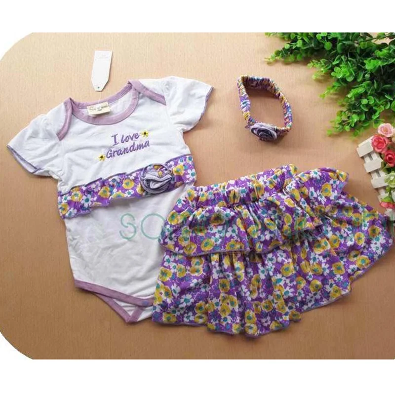 Цветочный принт фиолетовая детская одежда для девочки юбка-пачка повязка на голову, комплект из 3 предметов летняя детская одежда Комплекты одежды для малышей Детская верхняя одежда