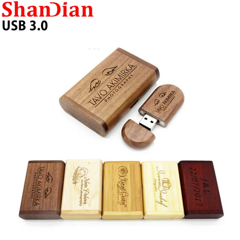 

SHANDIAN High speed usb 3.0 LOGO wooden+Box Personal LOGO print pen drive 8GB 16GB 32GB 64 usb Flash Drive pendrive U disk