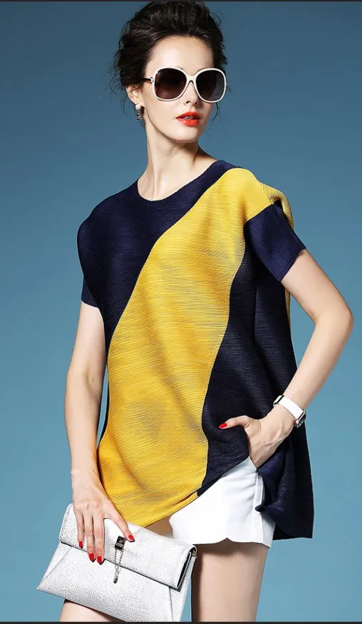 Топ с украшением в виде цветного блока, модная короткая эластичная футболка средней длины с круглым вырезом и коротким рукавом, плиссированные рубашки для женщин - Цвет: Цвет: желтый
