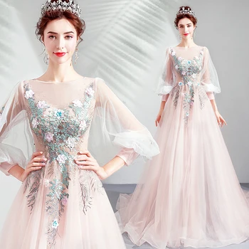 

Illusion Lace Applique Wedding Dresses A Line Long Lantern Sleeves Tulle Dress Sweep Train Bridal Gown with Lace Up Vestidos
