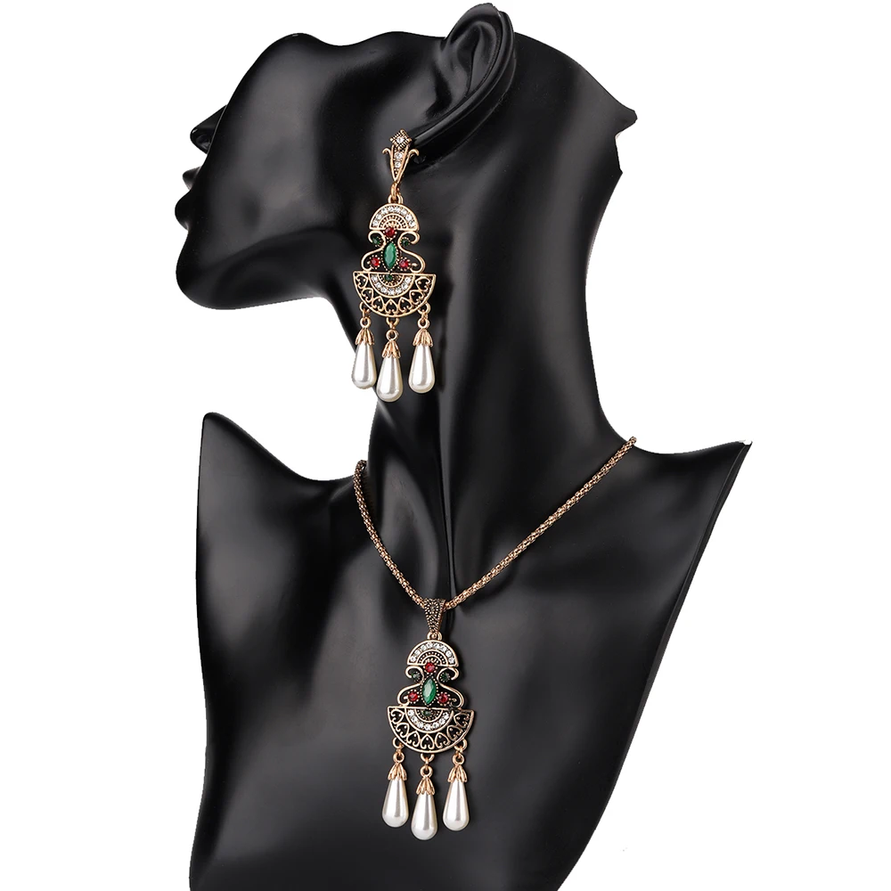 Vintage Ethnic Imitation giada Crystal Geometric Pearls Necklace Sets Drop Earring and Set for Women Bridesmaid Wedding | Украшения и