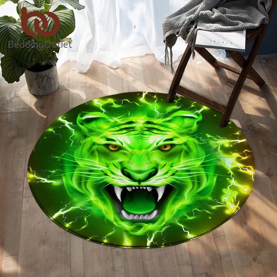 

BeddingOutlet Green Tiger Area Rugs For Bedroom 3D Print Soft Round Carpet Psychedelic Wild Animal Floor Mat Lightning tapetes