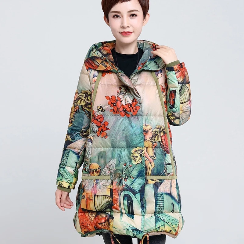 Thick long down coat women print 2018 Winter fashion female hooded overcoat 90% White duck down warm casual ladies outerwear top