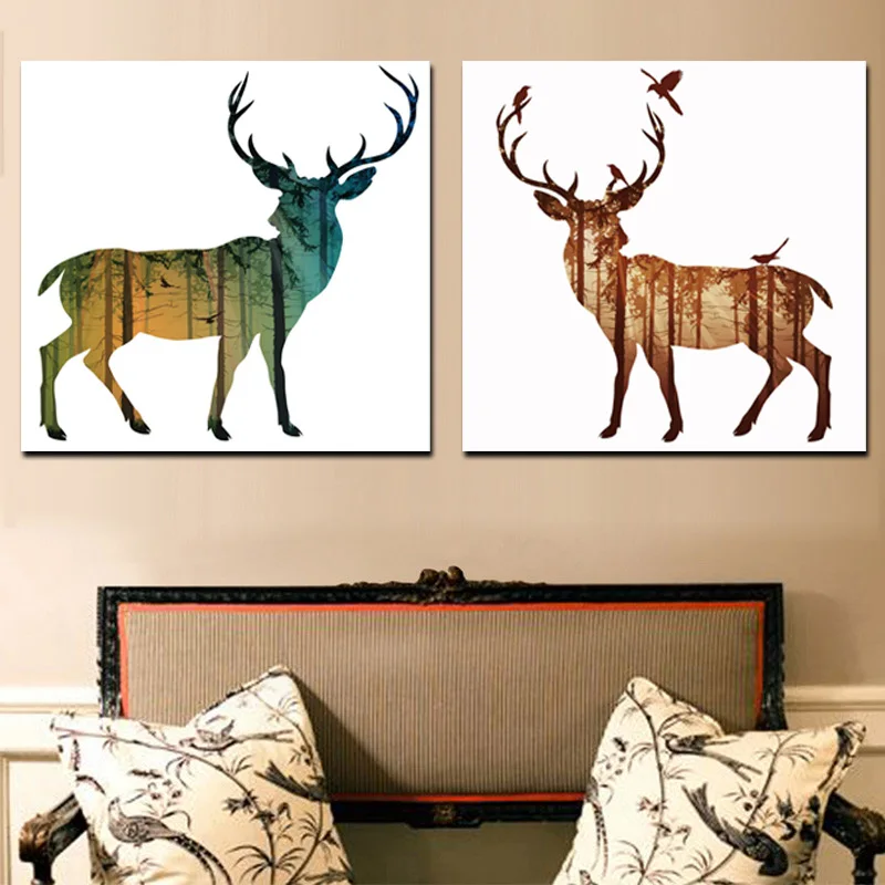 2 Panel Abstract Artistic Deer Elk with Forest Bird Canvas Painting  Animal Print Poster Minimalist Wall Picture For Living Room