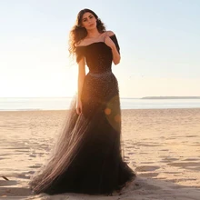 Neue Eine linie Schulterfrei Kurzarm Perlen Pailletten Schwarz Abendkleider vestidos de formatura Strand Lange Prom Kleider